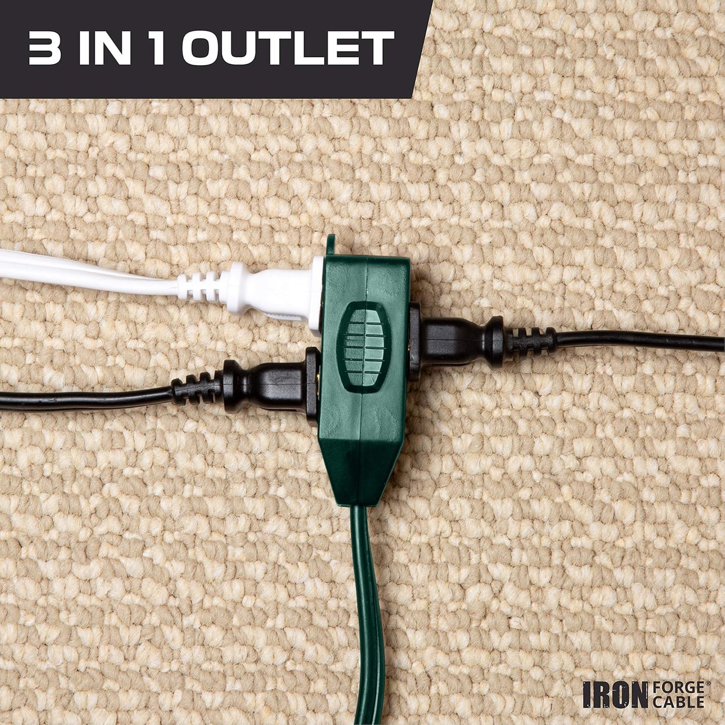 3 Outlet 20 Ft Green Extension Cord 2 Prong, 2 Pack, 16/2 Indoor Extension Cord with Multiple Outlets, 13 AMP Electrical Cable for Home, Office, Outdoor Lights