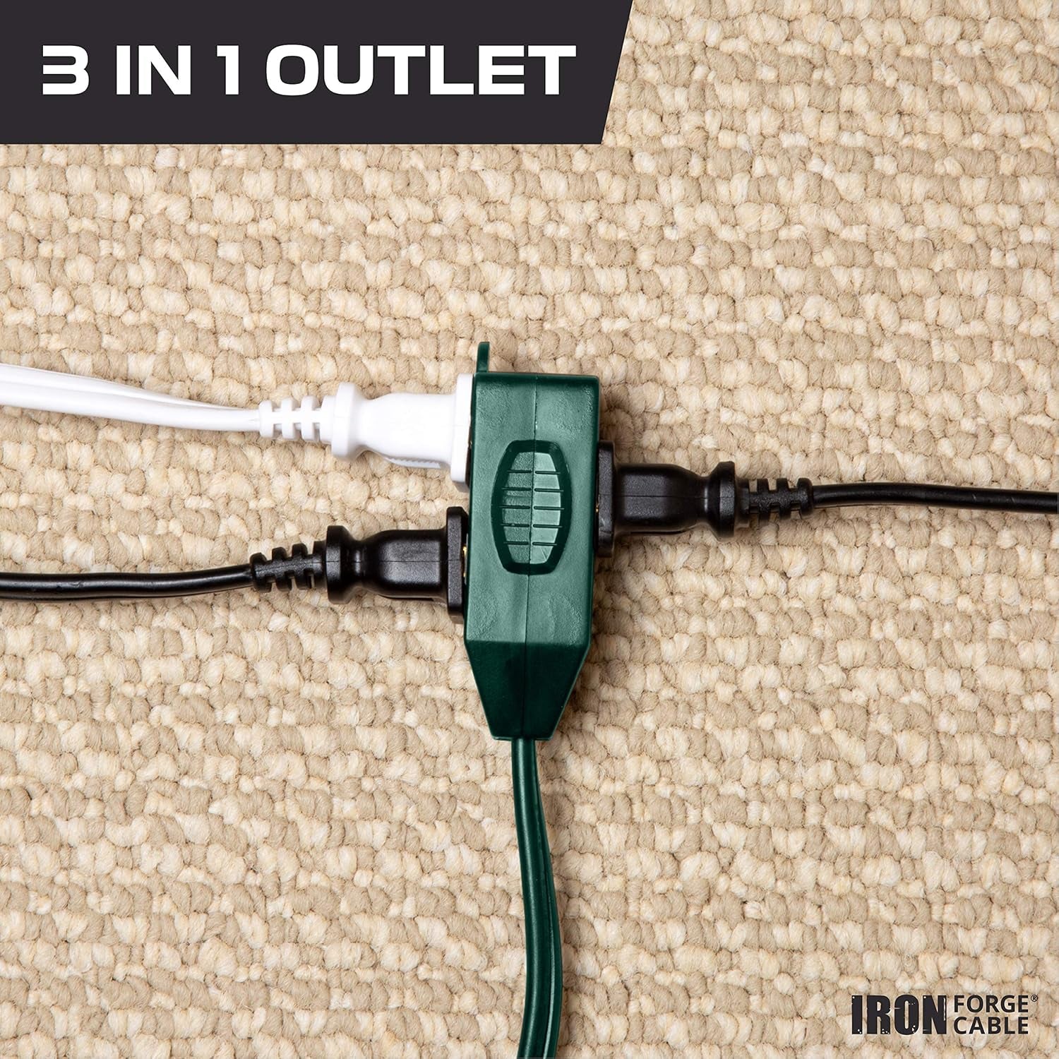 3 Outlet 20 Ft Green Extension Cord 2 Prong, 2 Pack, 16/2 Indoor Extension Cord with Multiple Outlets, 13 AMP Electrical Cable for Home, Office, Outdoor Lights