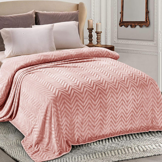 Flannel Fleece Queen Size Bed Blanket, Lightweight Breathable Soft Bedspread Plush Fluffy Coverlet Chevron Design Decorative Blanket for All Season, 90X90 Inch, Pink