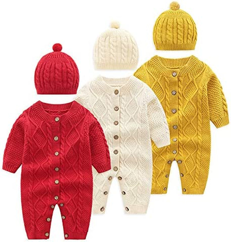 Infant Cotton Knitted Sweater Romper Set with Long Sleeves and Warm Hat, Beige, 3-6 Months