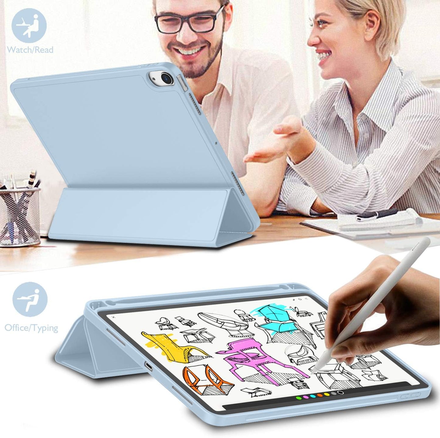 Case for Ipad Air 11 Inch M3(2025) / M2 (2024) / Ipad Air 5Th/4Th Generation 2022/2020 10.9 Inch with Pencil Holder, Trifold Stand Smart Cover with Soft TPU Back(Sky Blue)