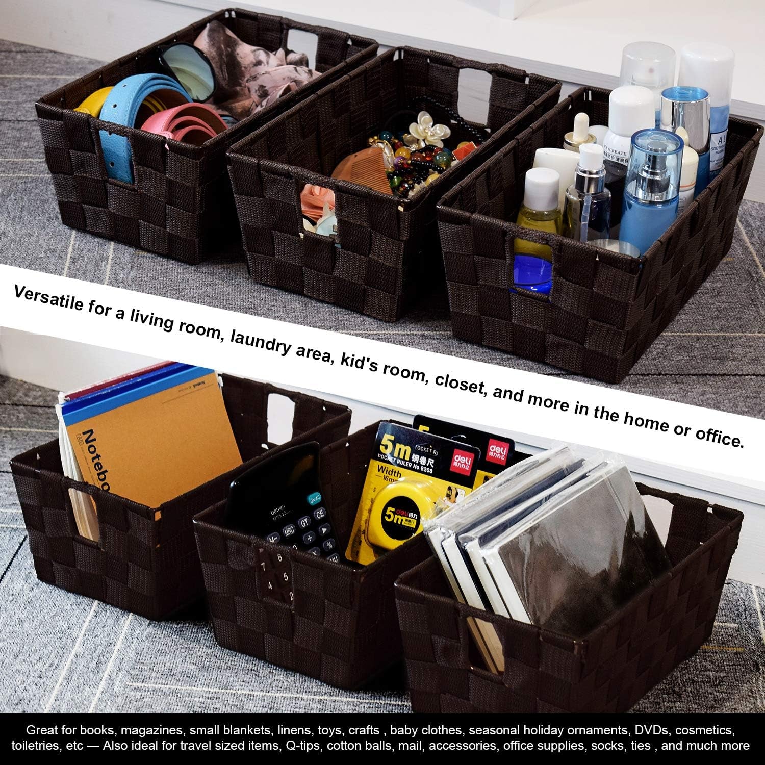 Woven Shelf Storage Tote Basket Bins Container, Storage Boxes Cube Organizer with Built-In Handles for Bedroom, Office, Closet, Clothes, Kids Room, Nursery 3Pack(Brown)