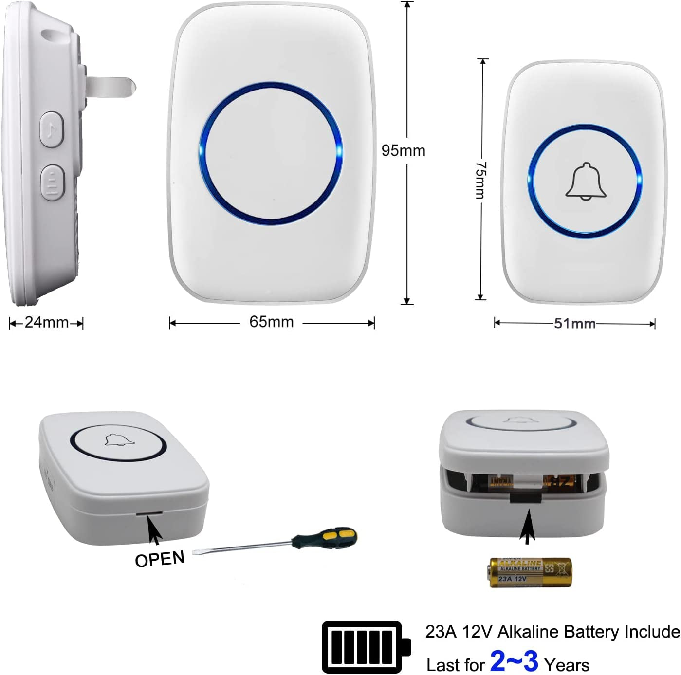 Wireless Doorbell, Waterproof Door Bell Kit, Distinguish Front and Rear Doors, over 1000 Feet Range and 60 Chime, 5 Levels Volume and LED Flash, for Home Office Classroom