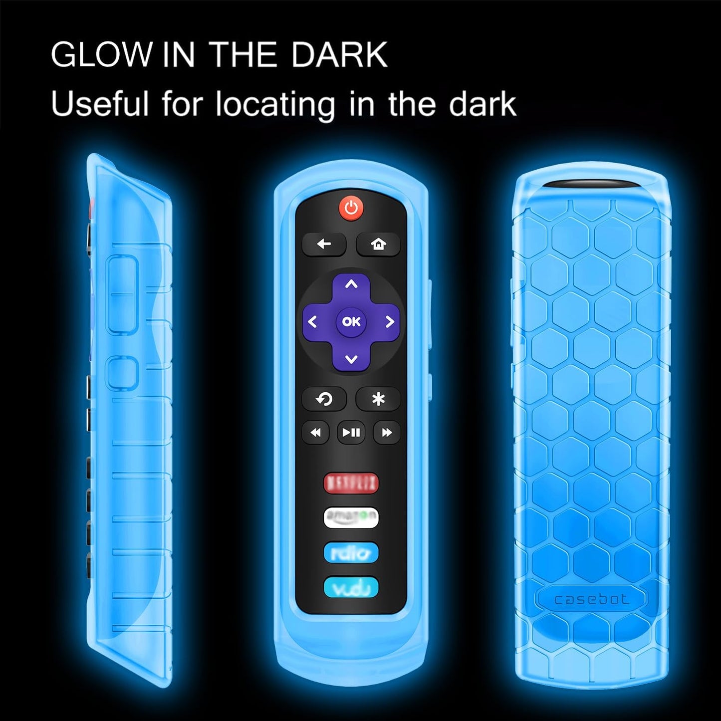 Protective Case for Roku Steaming Stick 3600R, TCL Roku TV RC280 RC282 Remote - Casebot (Honey Comb Series) Light Weight (Anti Slip) Shock Proof Silicone Remote Controller Cover, Sky Blue Glow