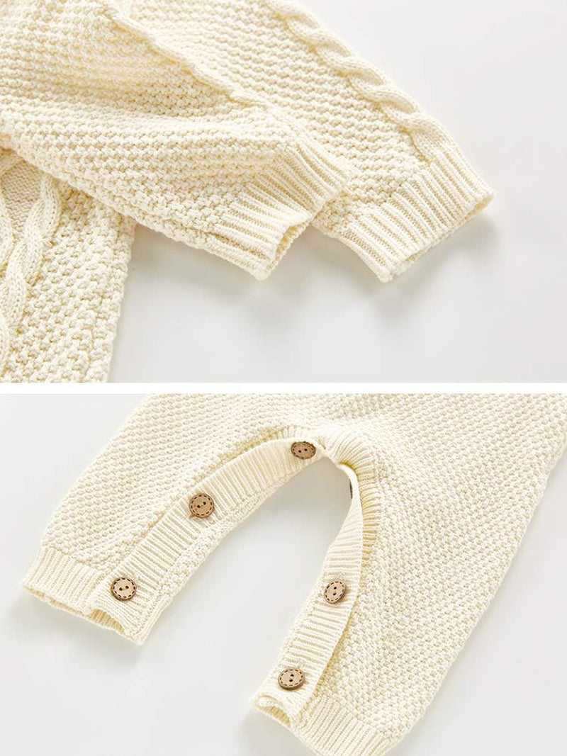 Infant Cotton Knitted Sweater Romper Set with Long Sleeves and Warm Hat, Beige, 3-6 Months