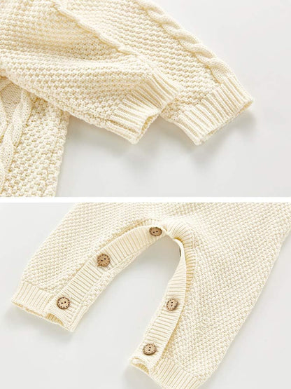 Infant Cotton Knitted Sweater Romper Set with Long Sleeves and Warm Hat, Beige, 3-6 Months