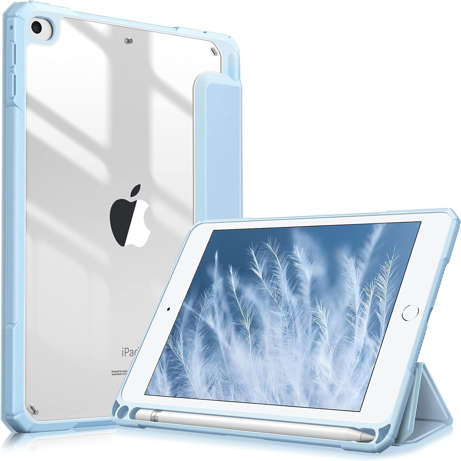 Hybrid Slim Case for Ipad Mini 5Th Generation 2019 / Ipad Mini 4 (7.9 Inch) - [Built-In Pencil Holder] Shockproof Cover with Clear Transparent Back Shell, Sky Blue