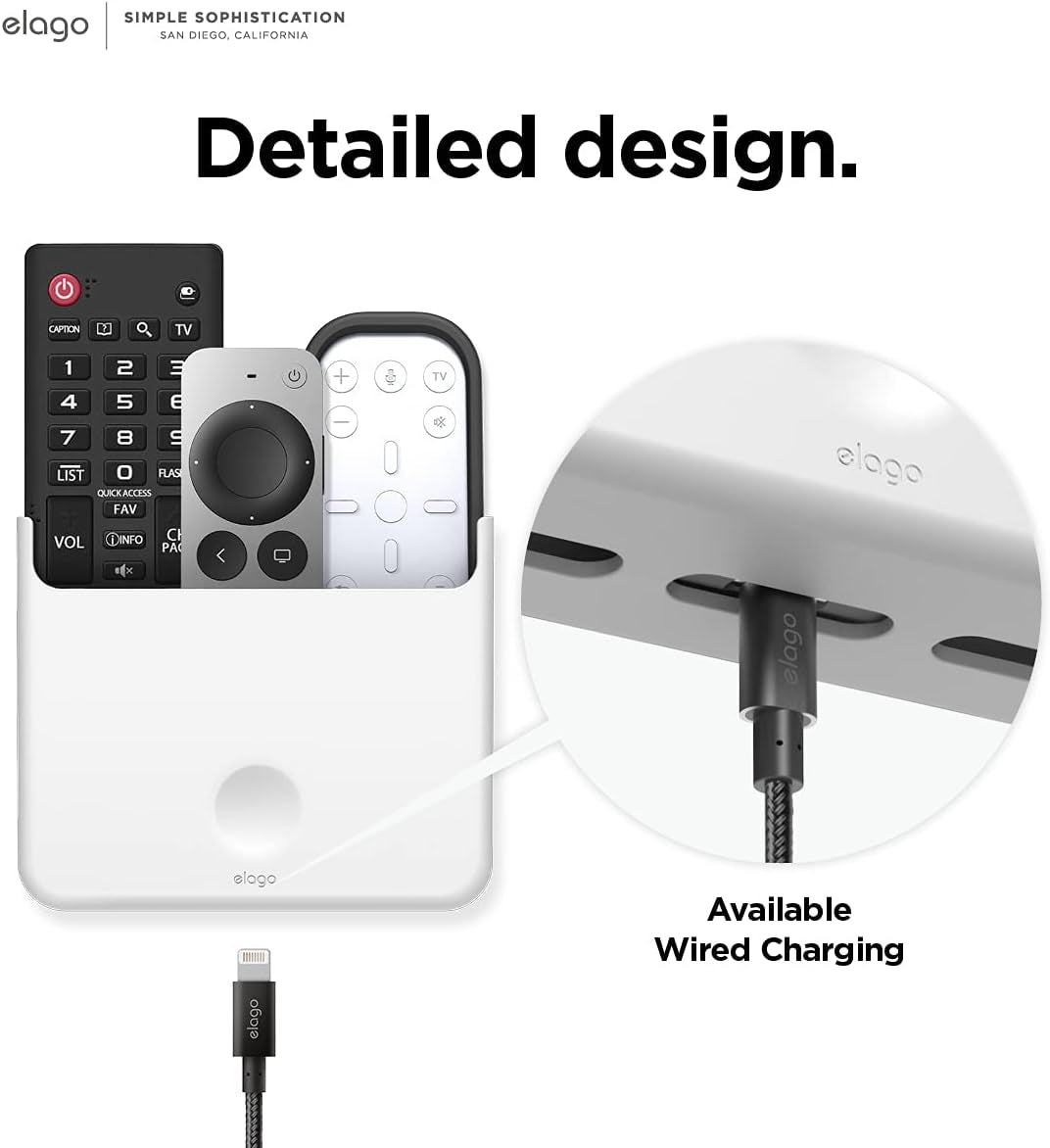 Universal Remote Holder Mount Compatible with Apple TV Remote and All Other Remote Controls - Adhesive Tape or Screw Mounting Options, Available Wired Charging [Large] [White]