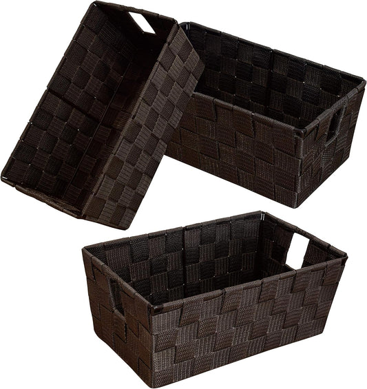 Woven Shelf Storage Tote Basket Bins Container, Storage Boxes Cube Organizer with Built-In Handles for Bedroom, Office, Closet, Clothes, Kids Room, Nursery 3Pack(Brown)