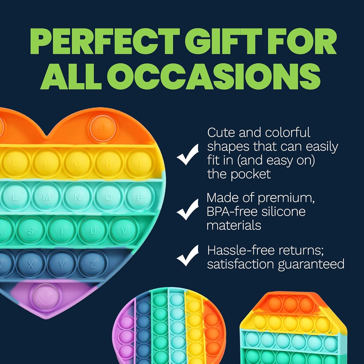 3 Pack Push Pop Fidget Toy - Rainbow Push Pop Bubble anti Anxiety Sensory Toy - Bubble Pop Stress Reliever - Durable & Washable Soft Silicone Squeeze Fidget Toy - Perfect for Adults & Kids (Rainbow)