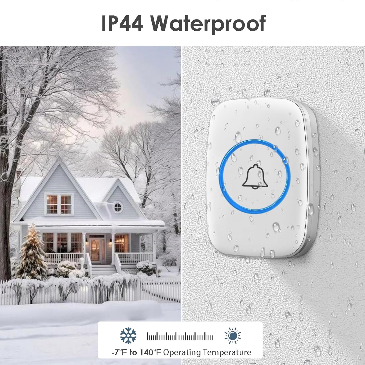 Wireless Doorbell, Waterproof Door Bell Kit, Distinguish Front and Rear Doors, over 1000 Feet Range and 60 Chime, 5 Levels Volume and LED Flash, for Home Office Classroom