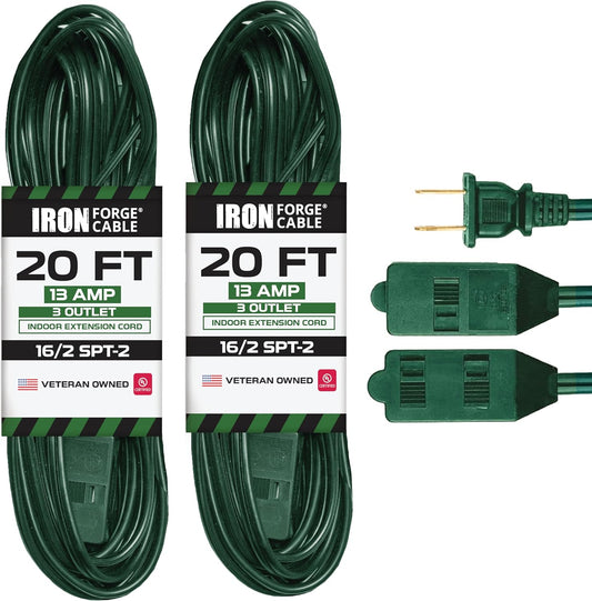 3 Outlet 20 Ft Green Extension Cord 2 Prong, 2 Pack, 16/2 Indoor Extension Cord with Multiple Outlets, 13 AMP Electrical Cable for Home, Office, Outdoor Lights