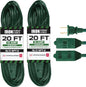 3 Outlet 20 Ft Green Extension Cord 2 Prong, 2 Pack, 16/2 Indoor Extension Cord with Multiple Outlets, 13 AMP Electrical Cable for Home, Office, Outdoor Lights