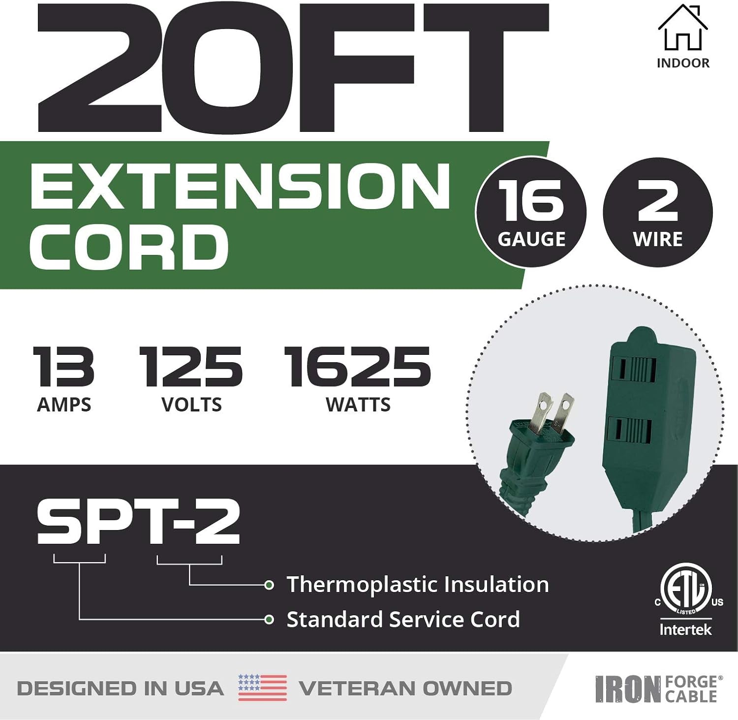 3 Outlet 20 Ft Green Extension Cord 2 Prong, 2 Pack, 16/2 Indoor Extension Cord with Multiple Outlets, 13 AMP Electrical Cable for Home, Office, Outdoor Lights