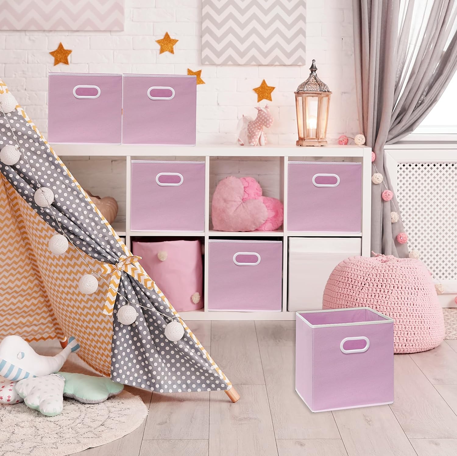 Foldable Cube Storage Bins with Handles, 11-Inch, Pink, 6-Pack, Fabric Cubes Organizer for Closet or Shelves