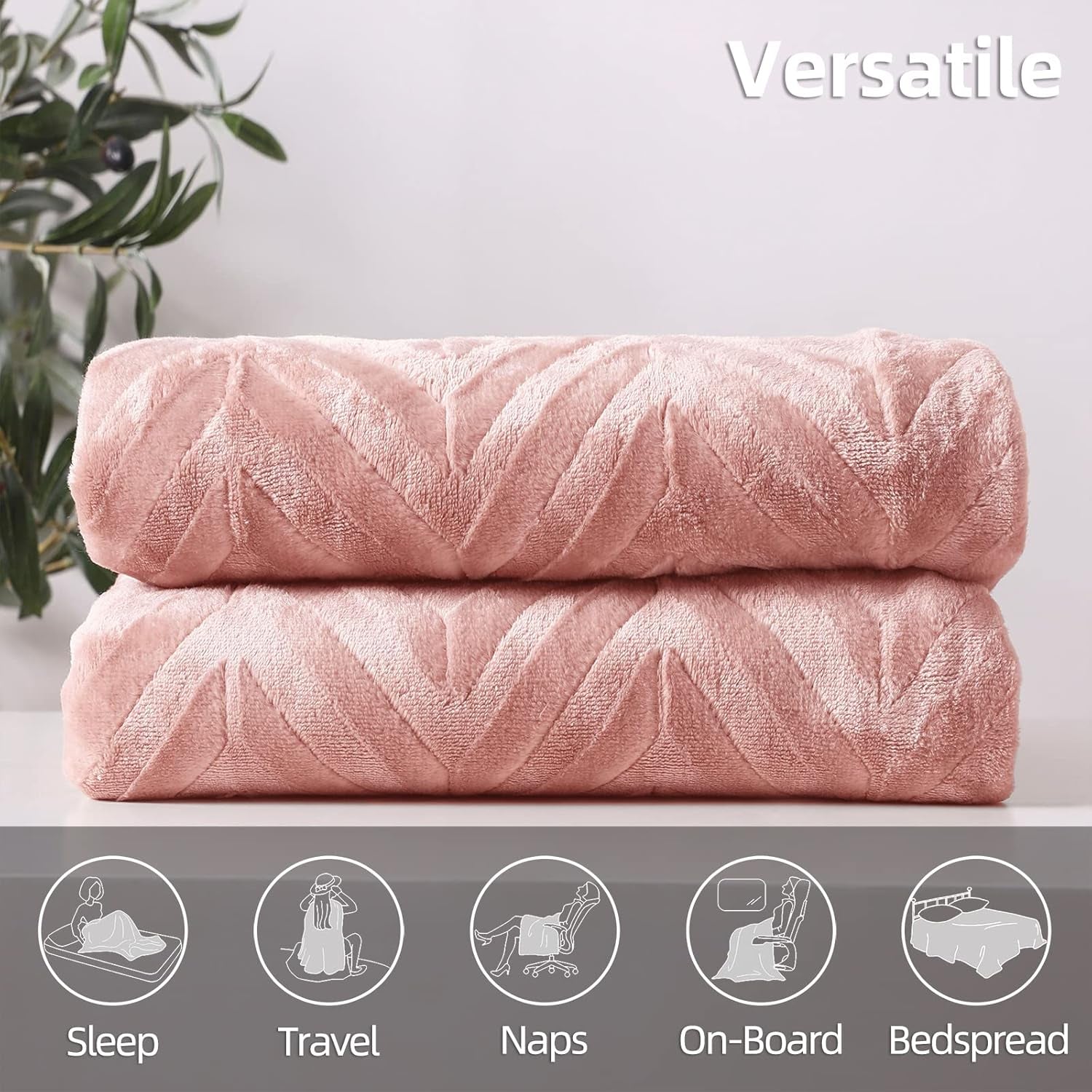 Flannel Fleece Queen Size Bed Blanket, Lightweight Breathable Soft Bedspread Plush Fluffy Coverlet Chevron Design Decorative Blanket for All Season, 90X90 Inch, Pink