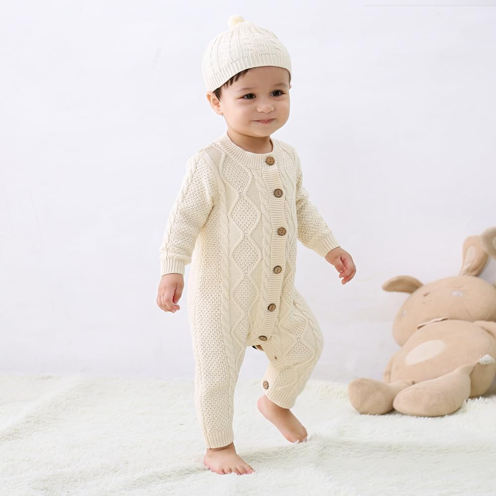 Infant Cotton Knitted Sweater Romper Set with Long Sleeves and Warm Hat, Beige, 3-6 Months