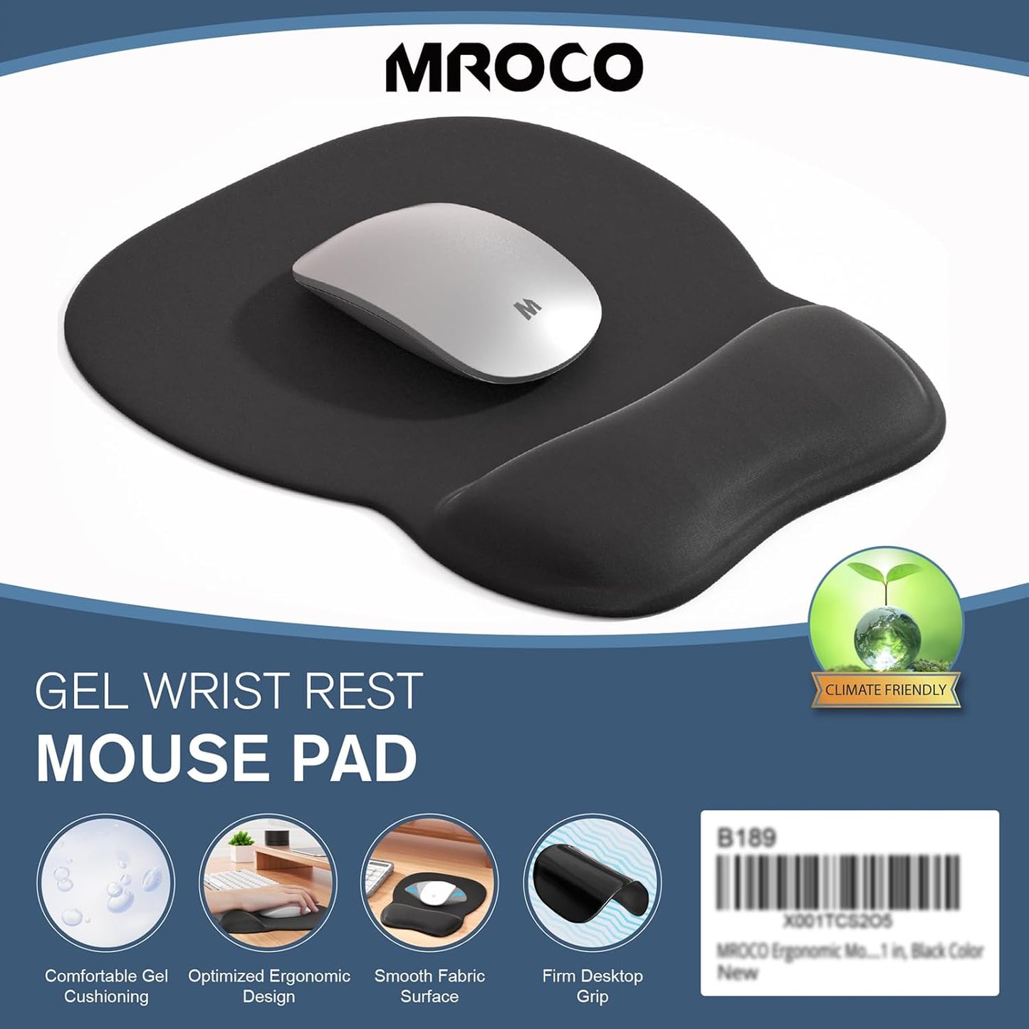 Ergonomic Mouse Pad with Gel Wrist Rest, Comfortable Mousepad with Smooth Wrist Support Surface and Non-Slip PU Base for Pain Relief, Computer, Laptop, Office & Home, 9.4 X 8.1 In, Black Color