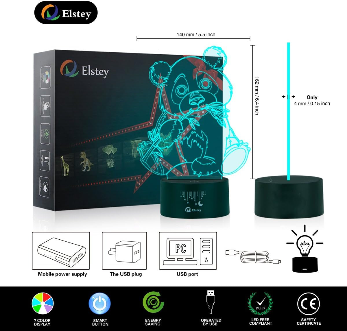 Giant Panda Bear 3D Illusion Lamps,  7 Color Changing Touch Table Desk LED Night Light Great Gifts for Kids