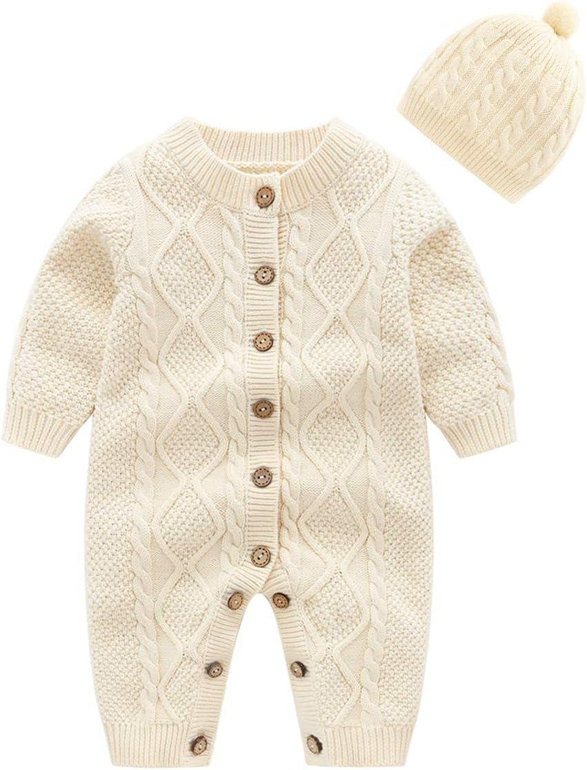 Infant Cotton Knitted Sweater Romper Set with Long Sleeves and Warm Hat, Beige, 3-6 Months