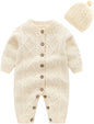 Infant Cotton Knitted Sweater Romper Set with Long Sleeves and Warm Hat, Beige, 3-6 Months