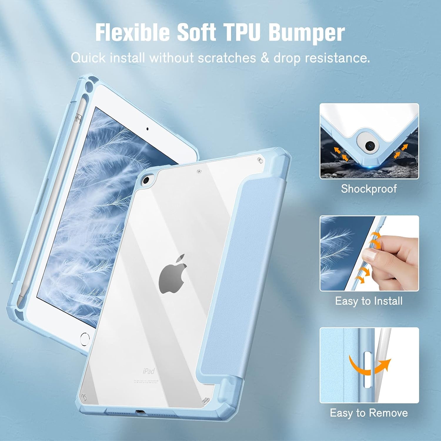 Hybrid Slim Case for Ipad Mini 5Th Generation 2019 / Ipad Mini 4 (7.9 Inch) - [Built-In Pencil Holder] Shockproof Cover with Clear Transparent Back Shell, Sky Blue